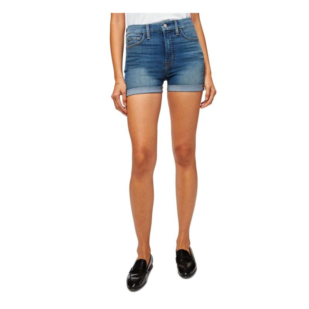 Jen 7 Womens Blue Denim Zippered Pocketed Rolled-cuff High Waist Shorts 2